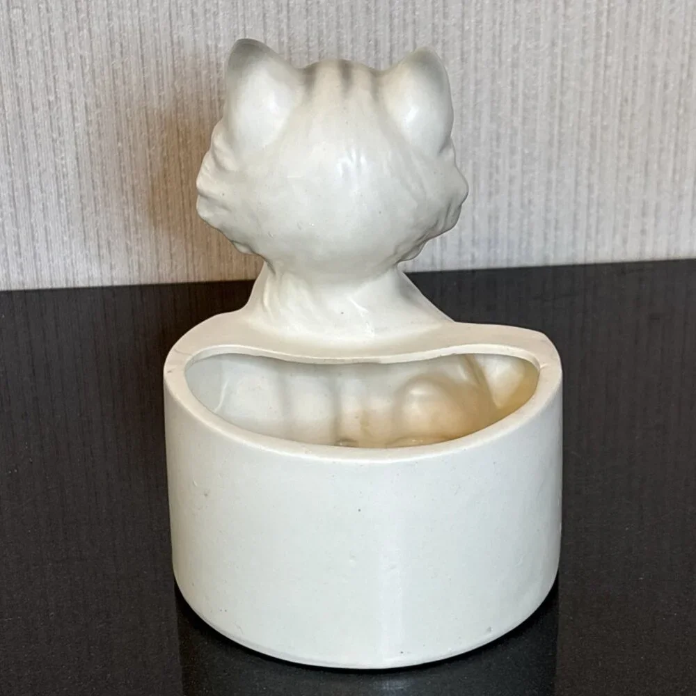 Lefton White Cat Planter Figurine Blue Eyes Mid Century Tabby Kitty Japan 60s - Picture 3 of 10